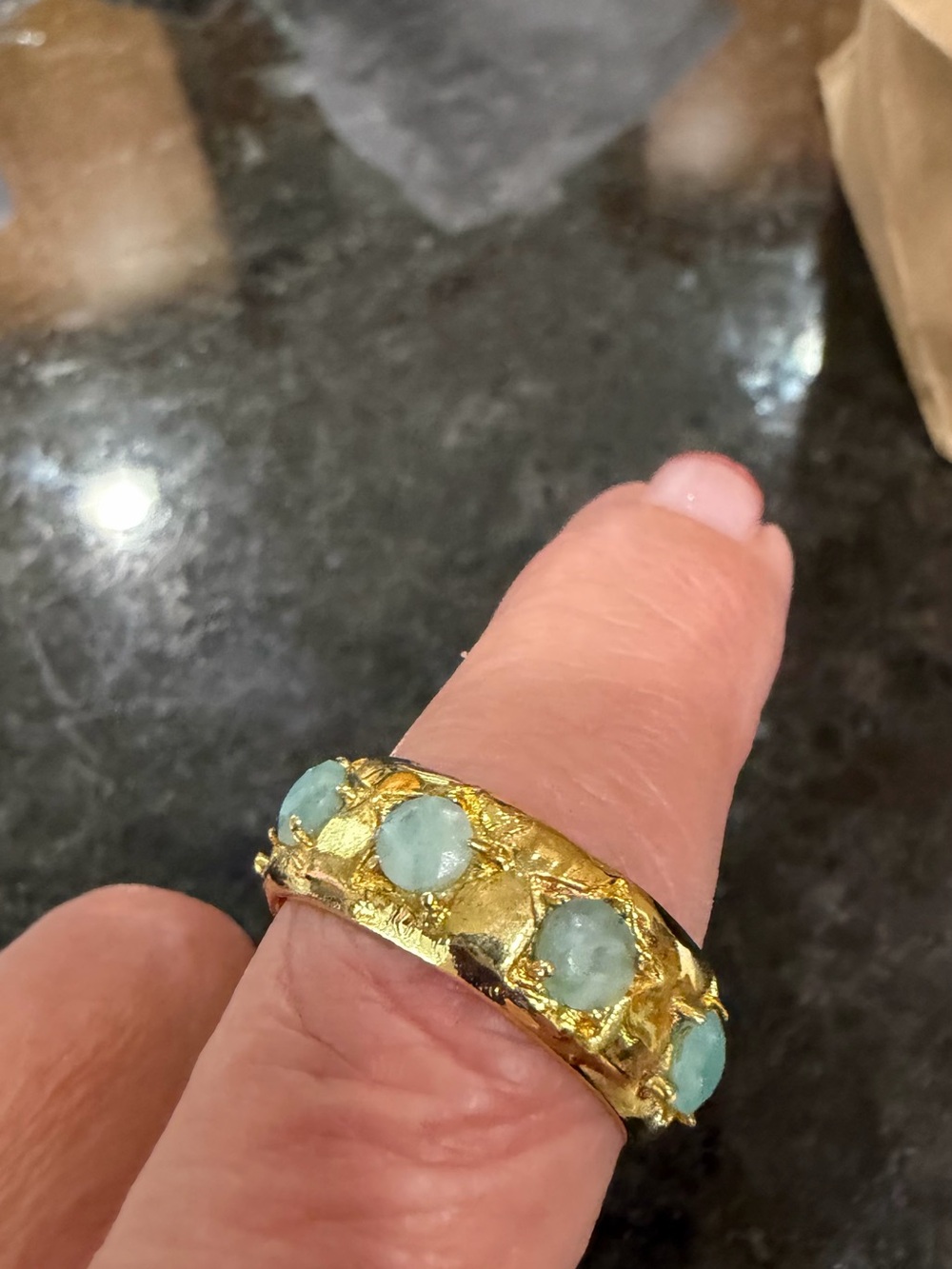 Gold Tone Dome Ring with Aquamarine Cabochons - Women Jewelry
